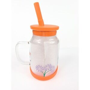 22 oz BPA Free‎ Glass Tumbler with Handle Floral Vinyl Designs Orange Accents